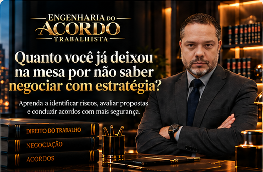 Arte visual aprovada: Engenharia do Acordo Trabalhista, livros, biblioteca e título em letras douradas